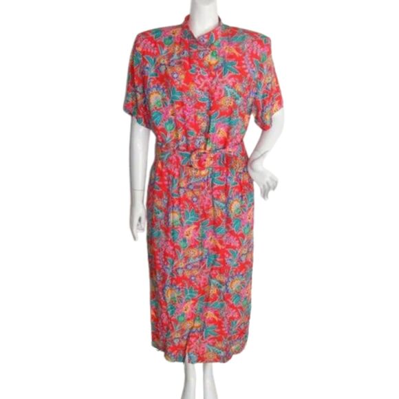 NORM THOMPSON Dress, Vintage 20, Red, Floral print, Matching Belt, Buttons - Picture 1 of 14